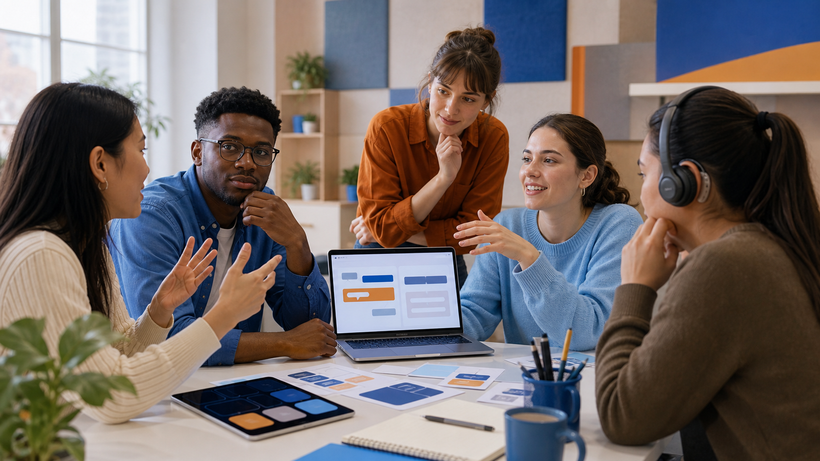Collaborators reviewing conversation design and caption interface concepts