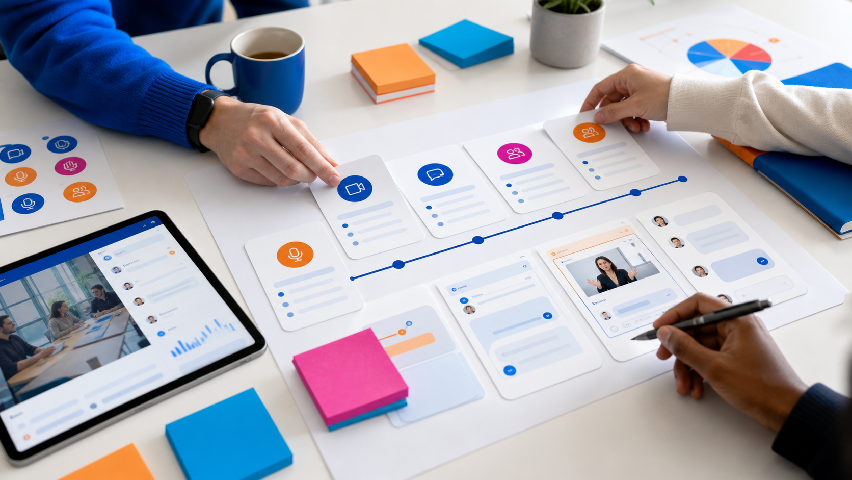 Product roadmap planning table with prototype screens and cards
