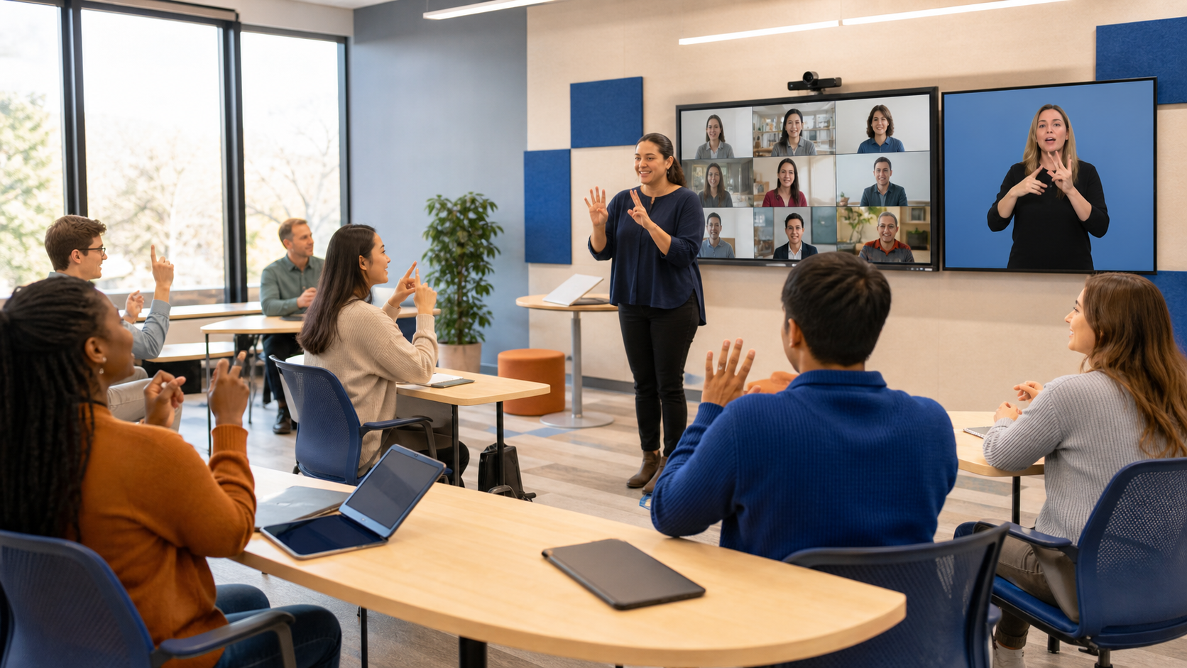 Accessible classroom arranged for visual communication and captions